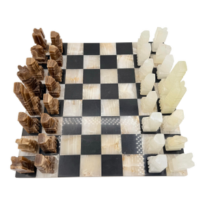 Vintage Hand Carved Marble & Onyx Chess Set With Sculptural Aztec Inspired Pieces