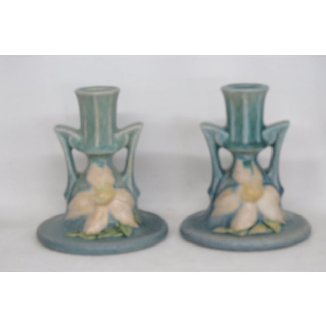 Mid-Century Modern Roseville Pottery Clematis Ceil Blue Candlestick Holders 1159 a Pair 4687b For Sale - Image 3 of 15