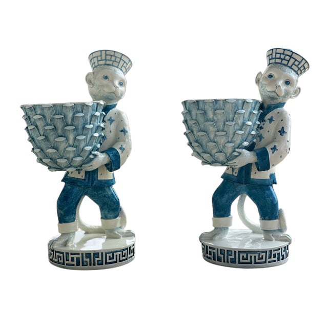 Hollywood Regency Pair Palm Beach Monkey’s Toting Artichoke Bowls For Sale - Image 3 of 18