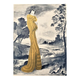 1938 Rare French Art Deco Fashion Print-Metallic Gold Ink, Matted For Sale
