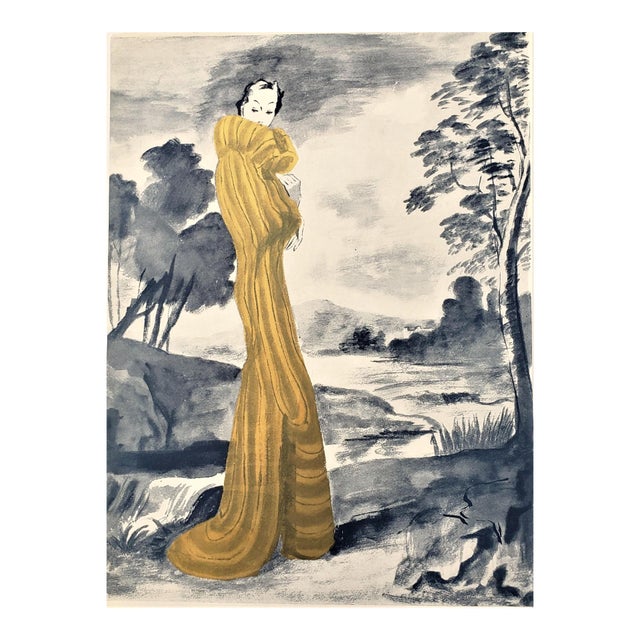 1938 Rare French Art Deco Fashion Print-Metallic Gold Ink, Matted For Sale