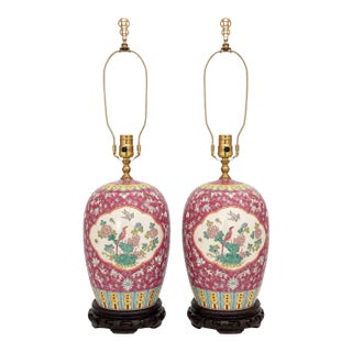 Early to Mid Twentieth Century Chinese Export Famille Rose Ginger Jar Lamps Turquoise Enamel Flowers Birds, a Pair For Sale