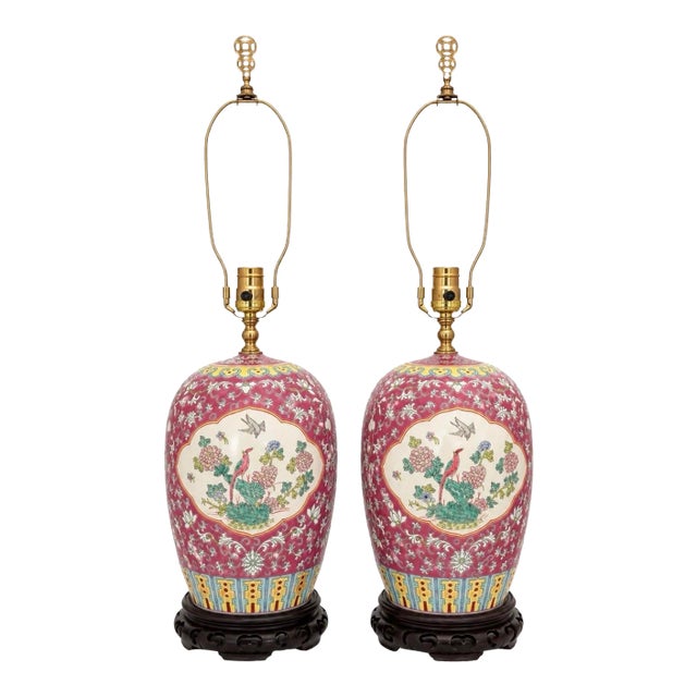 Early to Mid Twentieth Century Chinese Export Famille Rose Ginger Jar Lamps Turquoise Enamel Flowers Birds, a Pair For Sale