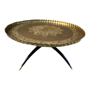 Mid 20th Century Large Mid Century Indian Round Chased Brass Tray Table on Folding Stand