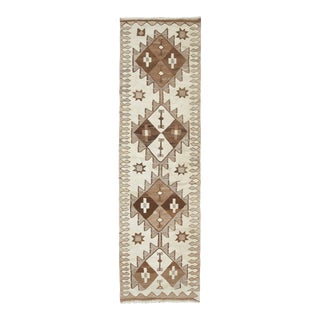 1970s Vintage Turkish Hand-Knotted Wool Cotton Beige Runner Rug For Sale