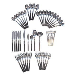 1960s Oneida Northland "Anticipation" Stainless Steel & Teak Composite Flatware, Set of 49 Pieces For Sale