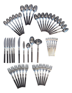 1960s Oneida Northland "Anticipation" Stainless Steel & Teak Composite Flatware, Set of 49 Pieces
