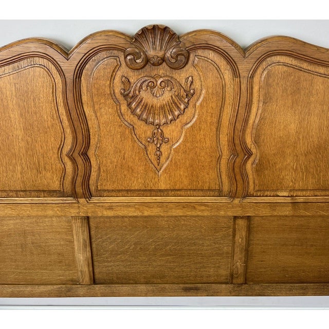 Wood Vintage Louis XVI French Oak Double Bed Frame with Carved Headboard For Sale - Image 7 of 13