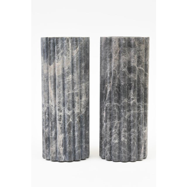 Modern Marble Ribbed Column Vases in Gray and White Veining Pair Of, Italy For Sale - Image 3 of 6