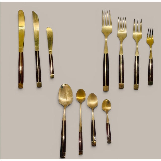 Mid Century Modern Flatware Set in Rosewood & Bronze-Teak Case, Thailand- 100 Pieces For Sale - Image 4 of 11