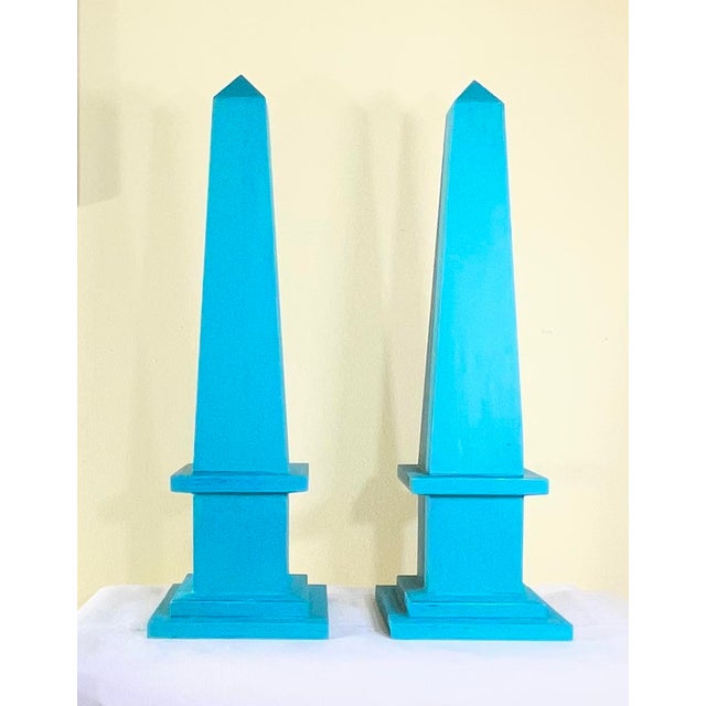 Wood Pair of Hand-Painted Solid Wood Decorative Obelisks – Vibrant Turquoise Color For Sale - Image 7 of 15
