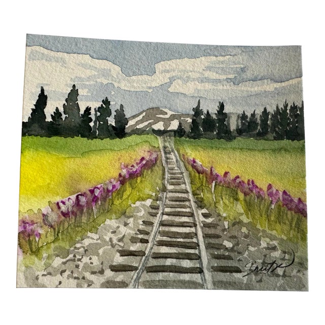 Original Watercolor Landscape Miniature “Train Through the Meadows” For Sale