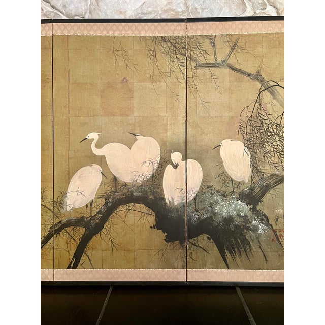 Vintage Mid-Century Japanese 4-Panel Byobu Folding Screen - "White Egrets & Willow" For Sale In Los Angeles - Image 6 of 16