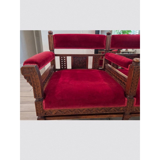Victorian 19th C Victorian Church Altar Bench Red Velvet Carved Wood 52" For Sale - Image 3 of 12