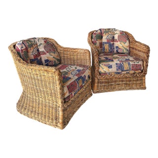 Wicker Works Braided Rattan Upholstered Club Chairs-A Pair For Sale
