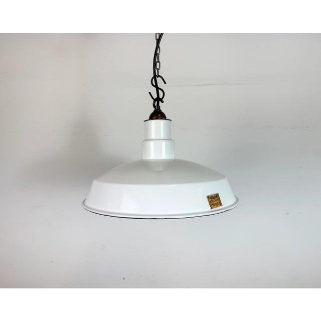 Industrial white enamel factory pendant light Quad reflector made by Quadrangle Mfg. Co., Chicago Illinois in United...