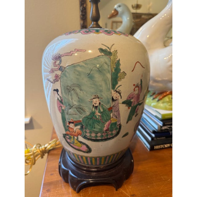 Vintage Chinoiserie Lamp With Colorful Asian Figures For Sale - Image 4 of 8