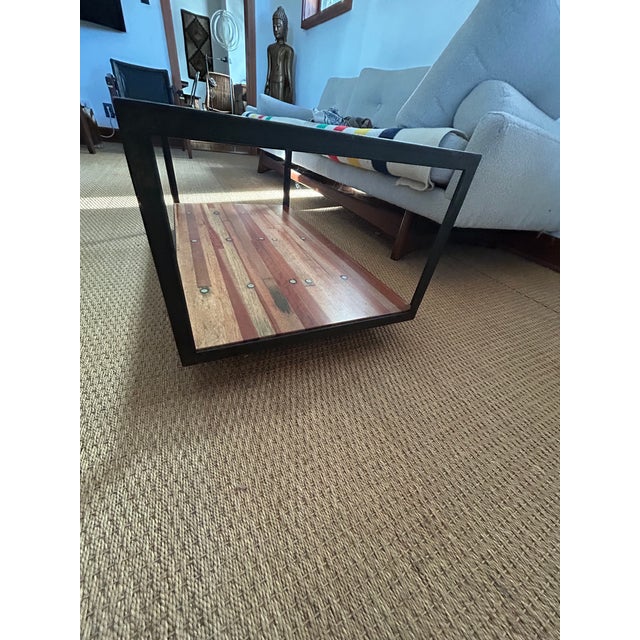 Industrial Custom Made Metal and Chicken Wire Glass Coffee Table on Casters For Sale - Image 9 of 10