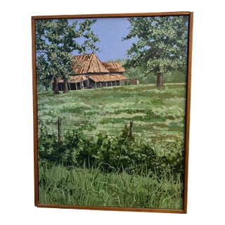 Framed Original Painting of Weathered Barn in Lush Green Rural Landscape 11” X 14” Stretched Canvas, Signed by Artist and Great for Cottage Core Decor For Sale