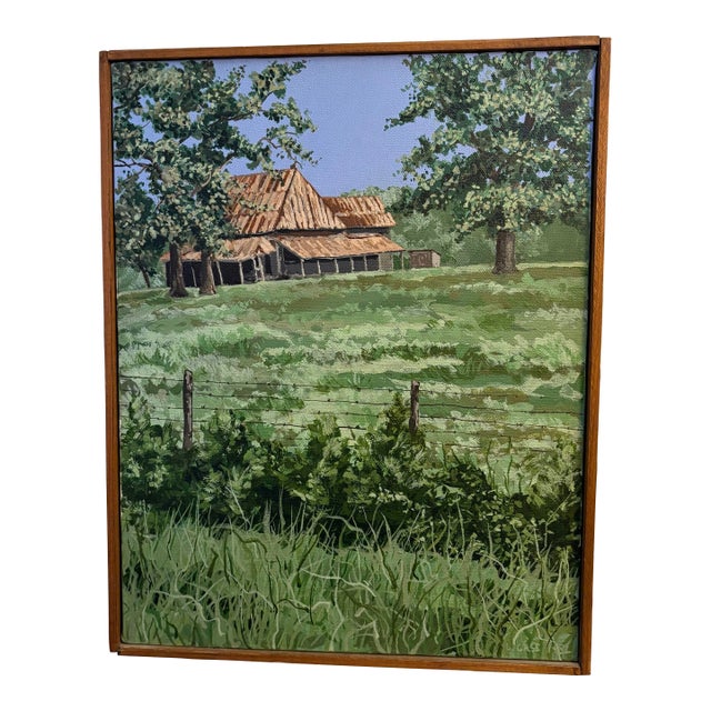 Framed Original Painting of Weathered Barn in Lush Green Rural Landscape 11” X 14” Stretched Canvas, Signed by Artist and Great for Cottage Core Decor For Sale