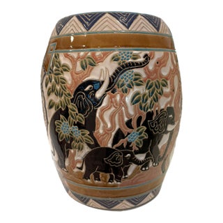 Vintage Elephant Motif Ceramic Garden Stool Side Table Boho Chinoiserie Decor For Sale