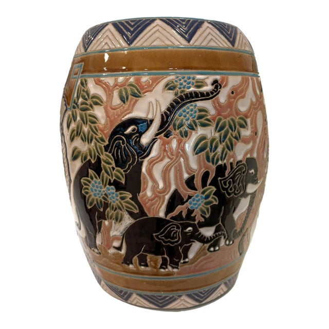 Vintage Elephant Motif Ceramic Garden Stool Side Table Boho Chinoiserie Decor For Sale