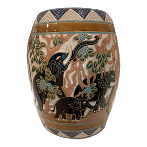 Vintage Elephant Motif Ceramic Garden Stool Side Table Boho Chinoiserie Decor
