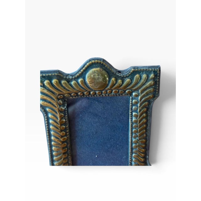 Art Deco Vintage Embossed Brass, Wood and Velvet Metal Picture Frame For Sale - Image 3 of 4