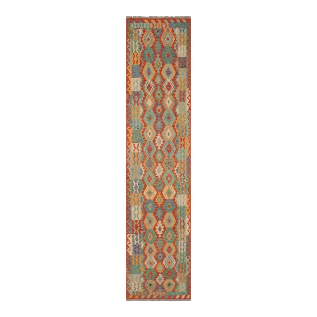 Navajo Style Kilim Rust Blue Hand Woven Rug - 2'10" X 12'6" For Sale