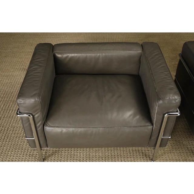 Animal Skin Early Year Grey Leather 'Lc3' Club Chairs by Le Corbusier for Cassina, Signed For Sale - Image 7 of 18