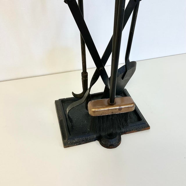 1970s Mid-Century Wrought Iron With Bronze Handle Fireplace Tools & Rack - 5 PCS Set For Sale - Image 12 of 14