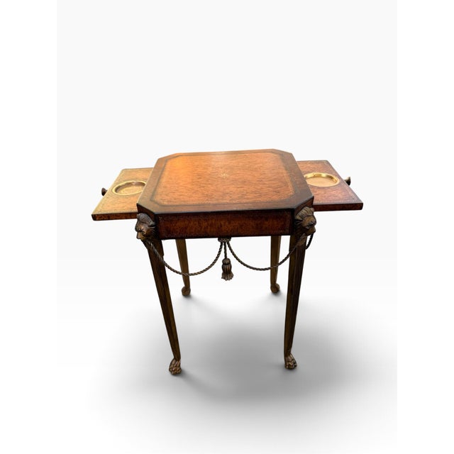 English Theodore Alexander Attributed Neoclassical Lion-Head Tooled Leather Drink Table For Sale - Image 3 of 14