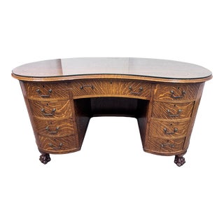 Antique Quarter Sawn Tiger Oak Wood Kidney Desk For Sale