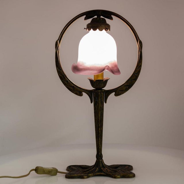 Glass Art Nouveau Style Table Lamps in Pink Glass and Brass, France, 1970s, Set of 2 For Sale - Image 7 of 11