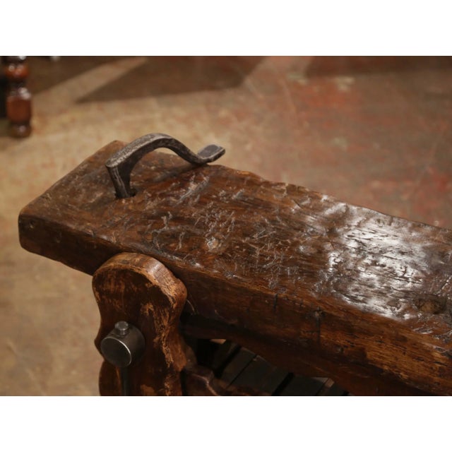 Wood 19th Century French Oak Carpenter Press Table With Five-Bottle Storage Rack For Sale - Image 7 of 10