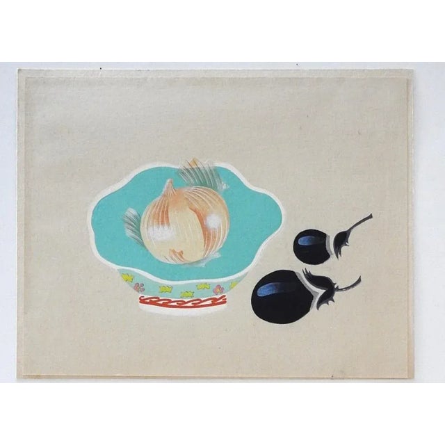 Mid 20th century hand print on paper still life with vegetables and turquoise bowl Japanese mingei folk art hand printed...