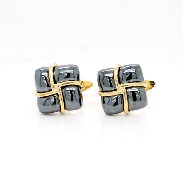 Gray Vintage Tiffany & Co. 18k Gold and Hematite Cufflinks For Sale - Image 8 of 10