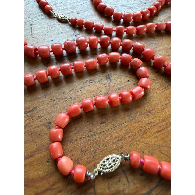 1970s Genuine Red Coral Necklaces, Hand-Knotted Strands in Natural Coloration, a Pair For Sale - Image 5 of 15