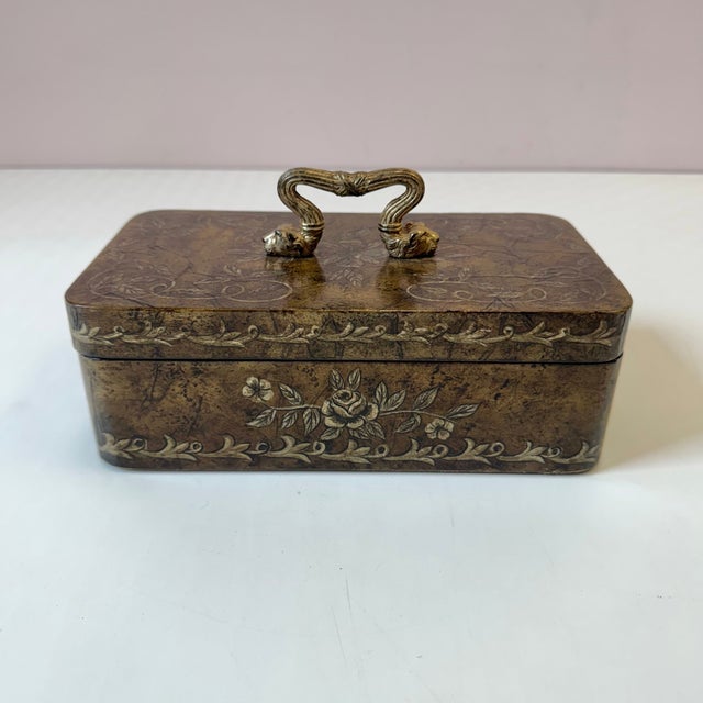 Vintage Lacquered Decoupage Box With Lion Head Handle For Sale - Image 9 of 9