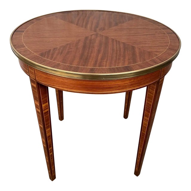 French Louis XVI Style Marquetry Inlaid Gilt Bronze Circular Round Accent Table For Sale