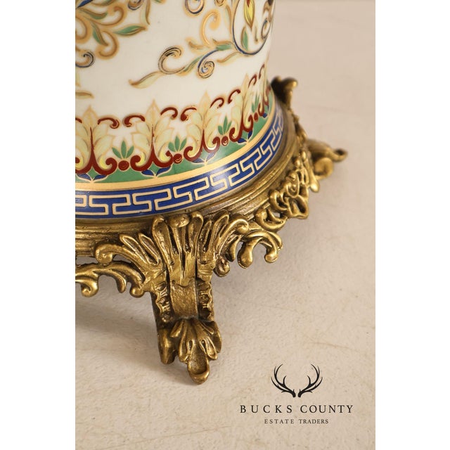Hand Painted Porcelain Decorative Vase with Gilded Metal Base and Cap For Sale - Image 14 of 17