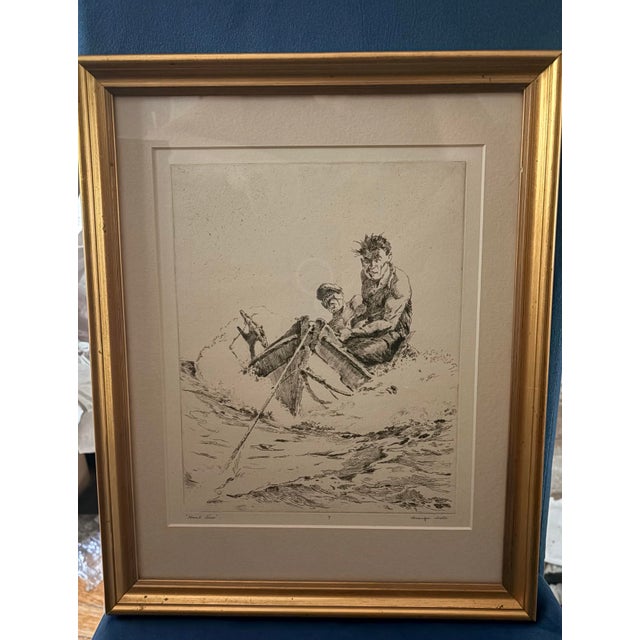 An original signed etching by American artist George Gale (1893–1951) titled “Haul Line,” depicting two fishermen battling...