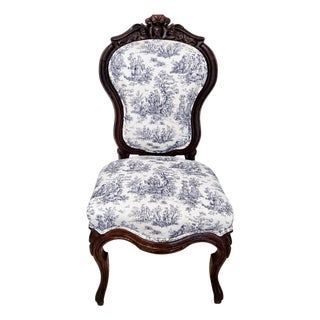 Vintage French Country Carved Walnut Toile De Jouy Upholstered Accent Chair For Sale