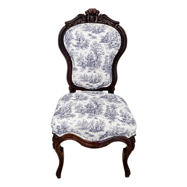 Vintage French Country Carved Walnut Toile De Jouy Upholstered Accent Chair For Sale