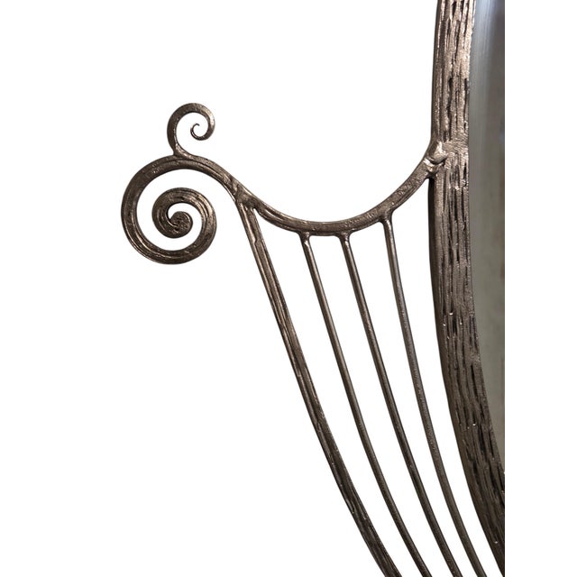 French Art Deco Hand Wrought Nickeled Iron Oval Mirror W/ Linear & Scroll Detail For Sale - Image 4 of 16