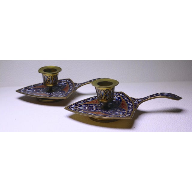 Late 19th Century Pair of Antique French Bronze and Champleve Enamel Candlesticks For Sale - Image 5 of 8