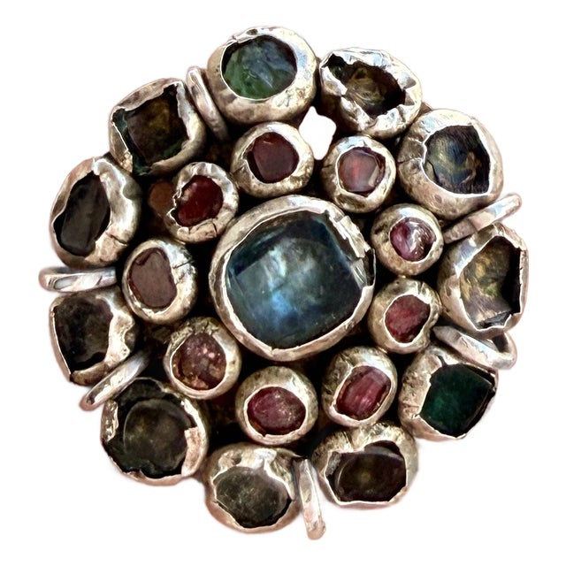 19th-Century Silver Multicolored Stone Cluster Estate Ring With Lion Heads, Size 6 For Sale