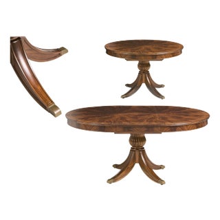 Round Mahogany Pedestal Table, Opens to 66" Oval With a Self-Storing Leaf, Duncan Pfyfe-Inspired Saber Leg Pedestal For Sale