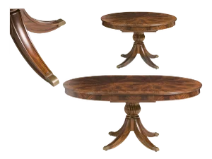 Round Mahogany Pedestal Table, Opens to 66" Oval With a Self-Storing Leaf, Duncan Pfyfe-Inspired Saber Leg Pedestal