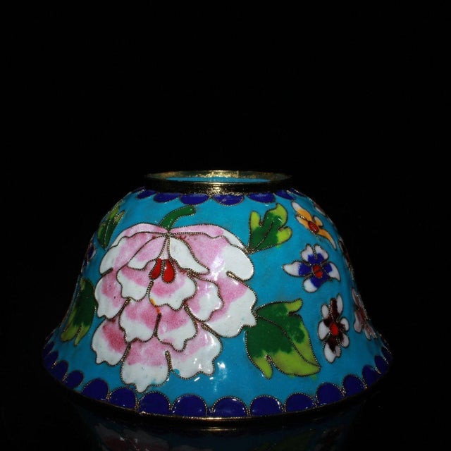 Blue Vintage Cloisonné Enamel Tea Bowl With Floral Peony Motif For Sale - Image 8 of 9